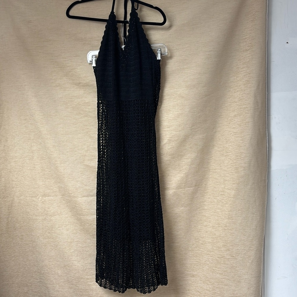 Kroshetta by Papillon Vintage Black Crochet
Lace Halter Midi Dress with Beading